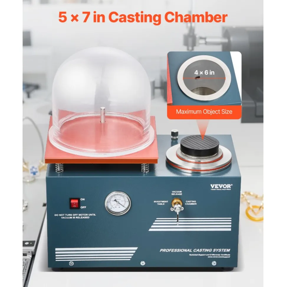 VEVOR Vacuum Investing Casting Machine, 290W Power, with 3 CFM Pump and Bell Jar, Convenient Oil Injection Port, Precision Pressure Gauge, 11 x 11 in Workbench, Casting Machine for Jewelry and Metal
