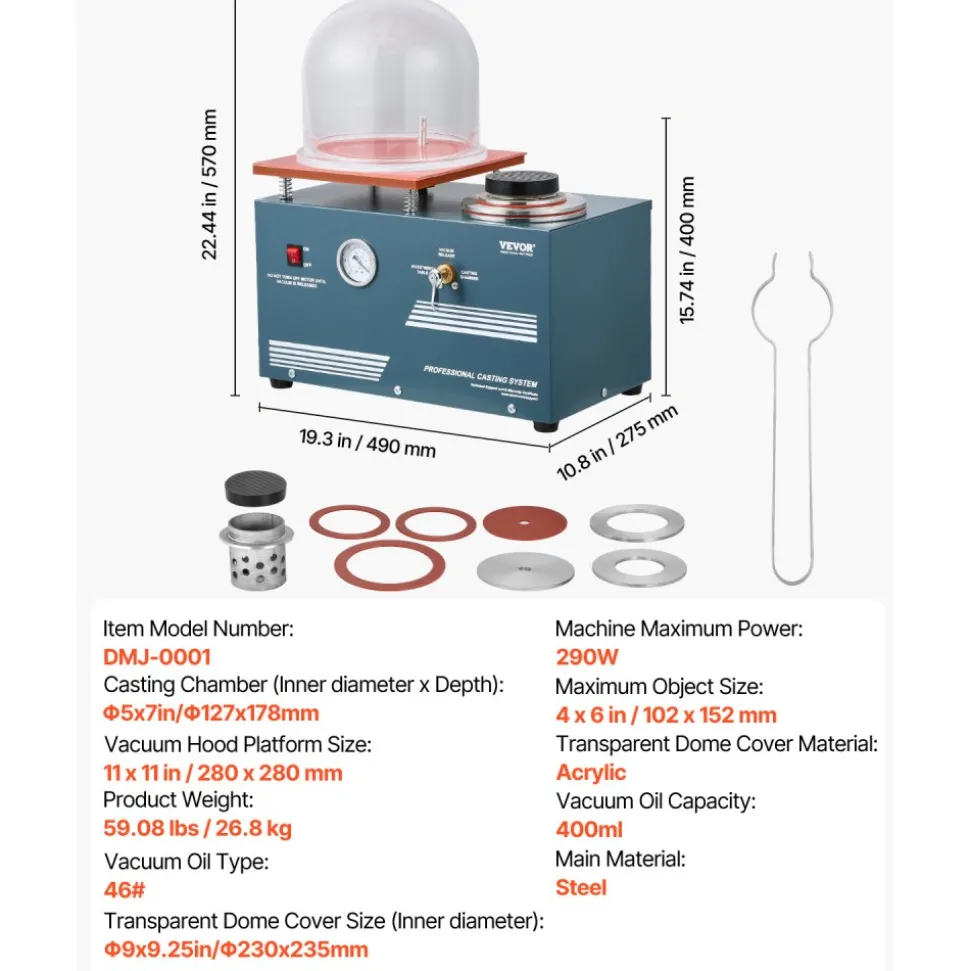 VEVOR Vacuum Investing Casting Machine, 290W Power, with 3 CFM Pump and Bell Jar, Convenient Oil Injection Port, Precision Pressure Gauge, 11 x 11 in Workbench, Casting Machine for Jewelry and Metal
