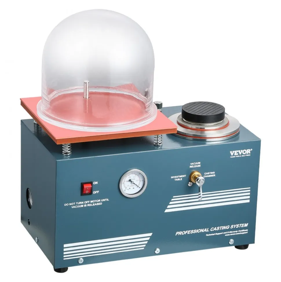 VEVOR Vacuum Investing Casting Machine, 290W Power, with 3 CFM Pump and Bell Jar, Convenient Oil Injection Port, Precision Pressure Gauge, 11 x 11 in Workbench, Casting Machine for Jewelry and Metal