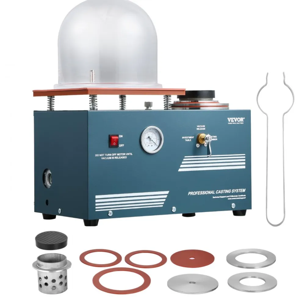 VEVOR Vacuum Investing Casting Machine, 290W Power, with 3 CFM Pump and Bell Jar, Convenient Oil Injection Port, Precision Pressure Gauge, 11 x 11 in Workbench, Casting Machine for Jewelry and Metal