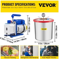 VEVOR Vacuum Pump 7 CFM 3/4HP Dual Stages Air Conditioning Vacuum Pump 2Stage With 5 Gallon Vacuum Chamber Ultimate Vacuum Manifold Gauge Set, Manifold Gauge and Hose for Air Conditioning Systems