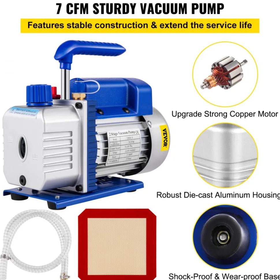 VEVOR Vacuum Pump 7 CFM 3/4HP Dual Stages Air Conditioning Vacuum Pump 2Stage With 5 Gallon Vacuum Chamber Ultimate Vacuum Manifold Gauge Set, Manifold Gauge and Hose for Air Conditioning Systems