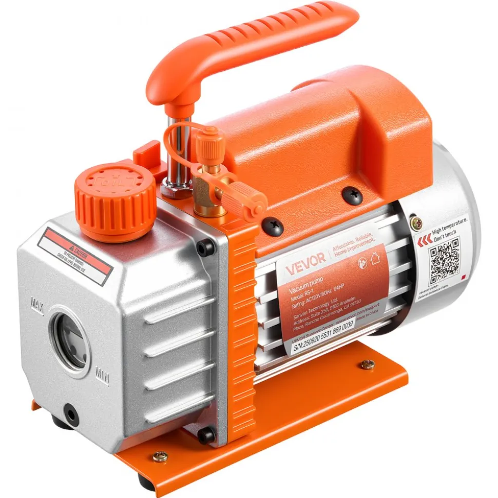 VEVOR Vacuum Pump, 3.5 CFM 1/4 HP, HVAC Single Stage Rotary Vane AC Vacuum Pump, for R134a R22 R410a Systems, 4 Pole Motor, for Automotive Air Conditioner Maintenance Resin Degassing, Oil Included