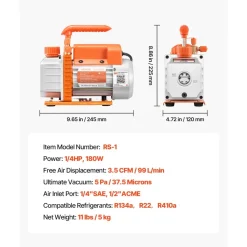 VEVOR Vacuum Pump, 3.5 CFM 1/4 HP, HVAC Single Stage Rotary Vane AC Vacuum Pump, for R134a R22 R410a Systems, 4 Pole Motor, for Automotive Air Conditioner Maintenance Resin Degassing, Oil Included