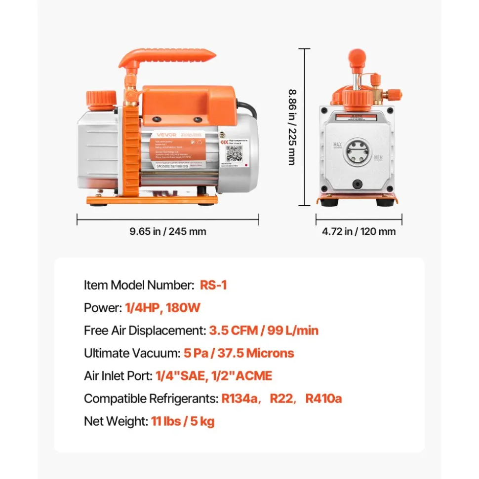 VEVOR Vacuum Pump, 3.5 CFM 1/4 HP, HVAC Single Stage Rotary Vane AC Vacuum Pump, for R134a R22 R410a Systems, 4 Pole Motor, for Automotive Air Conditioner Maintenance Resin Degassing, Oil Included
