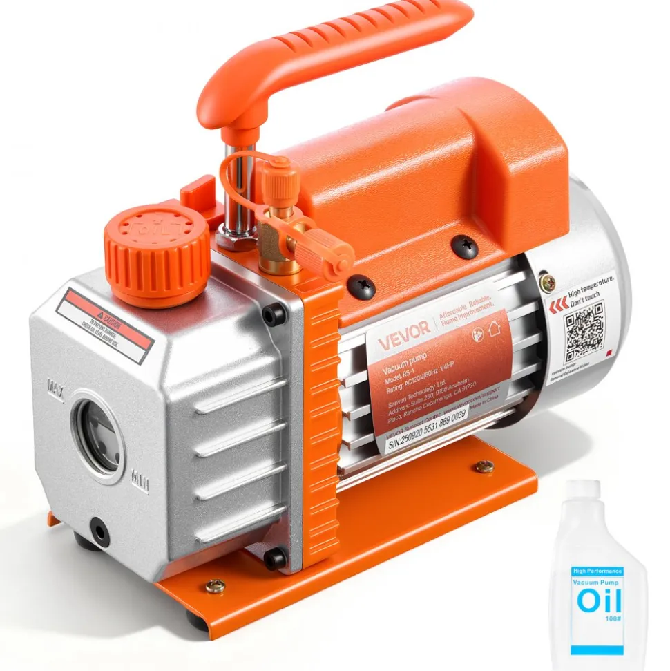VEVOR Vacuum Pump, 3.5 CFM 1/4 HP, HVAC Single Stage Rotary Vane AC Vacuum Pump, for R134a R22 R410a Systems, 4 Pole Motor, for Automotive Air Conditioner Maintenance Resin Degassing, Oil Included