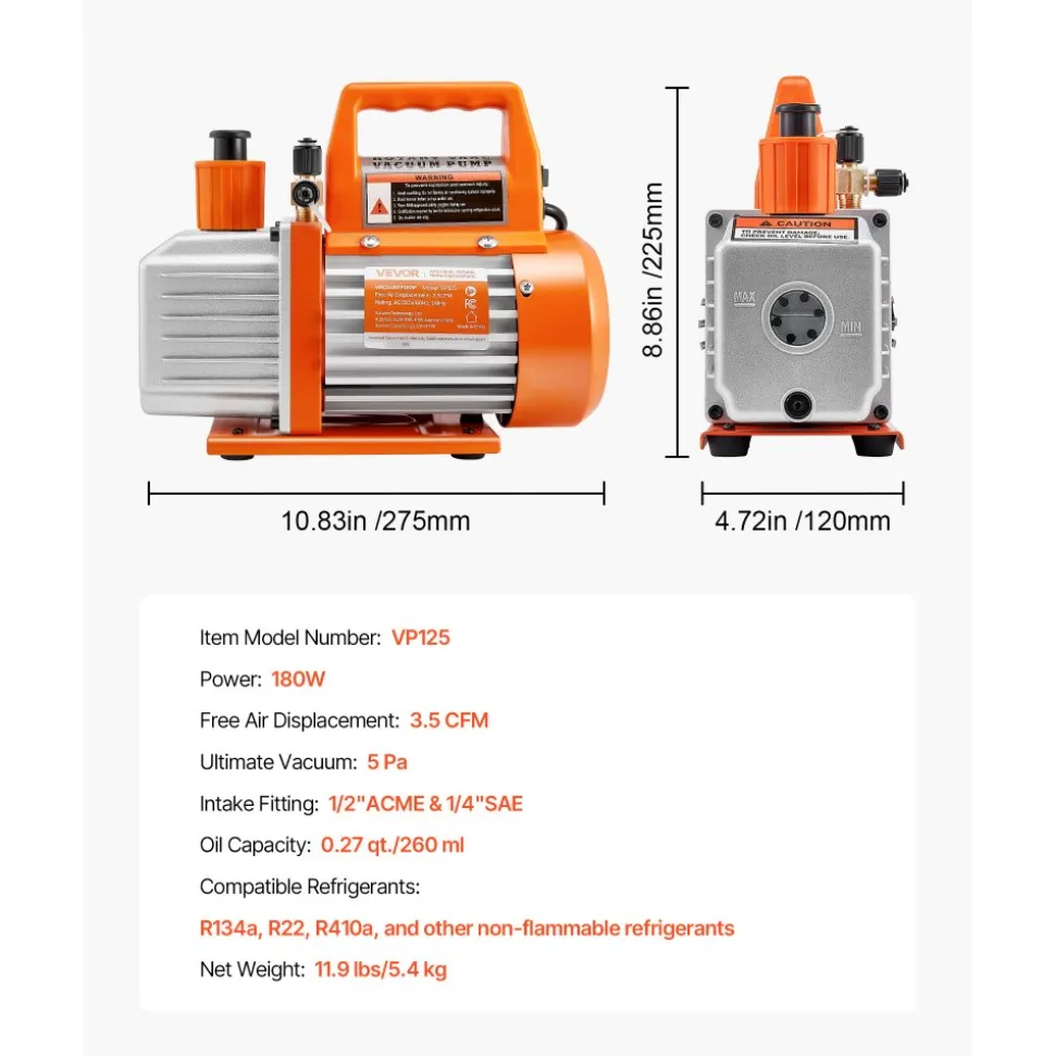 VEVOR Vacuum Pump, 3.5 CFM 1/4 HP, HVAC Single Stage Rotary Vane AC Vacuum Pump, for R134a R22 R410a Systems, with Oil Bottle, 1720 PRM, for Automotive Air Conditioner Maintenance Resin Degassing