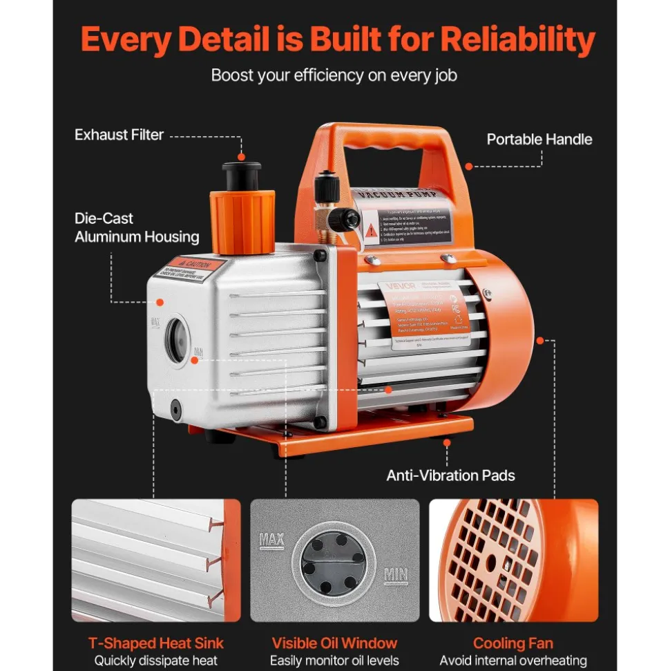 VEVOR Vacuum Pump, 3.5 CFM 1/4 HP, HVAC Single Stage Rotary Vane AC Vacuum Pump, for R134a R22 R410a Systems, with Oil Bottle, 1720 PRM, for Automotive Air Conditioner Maintenance Resin Degassing