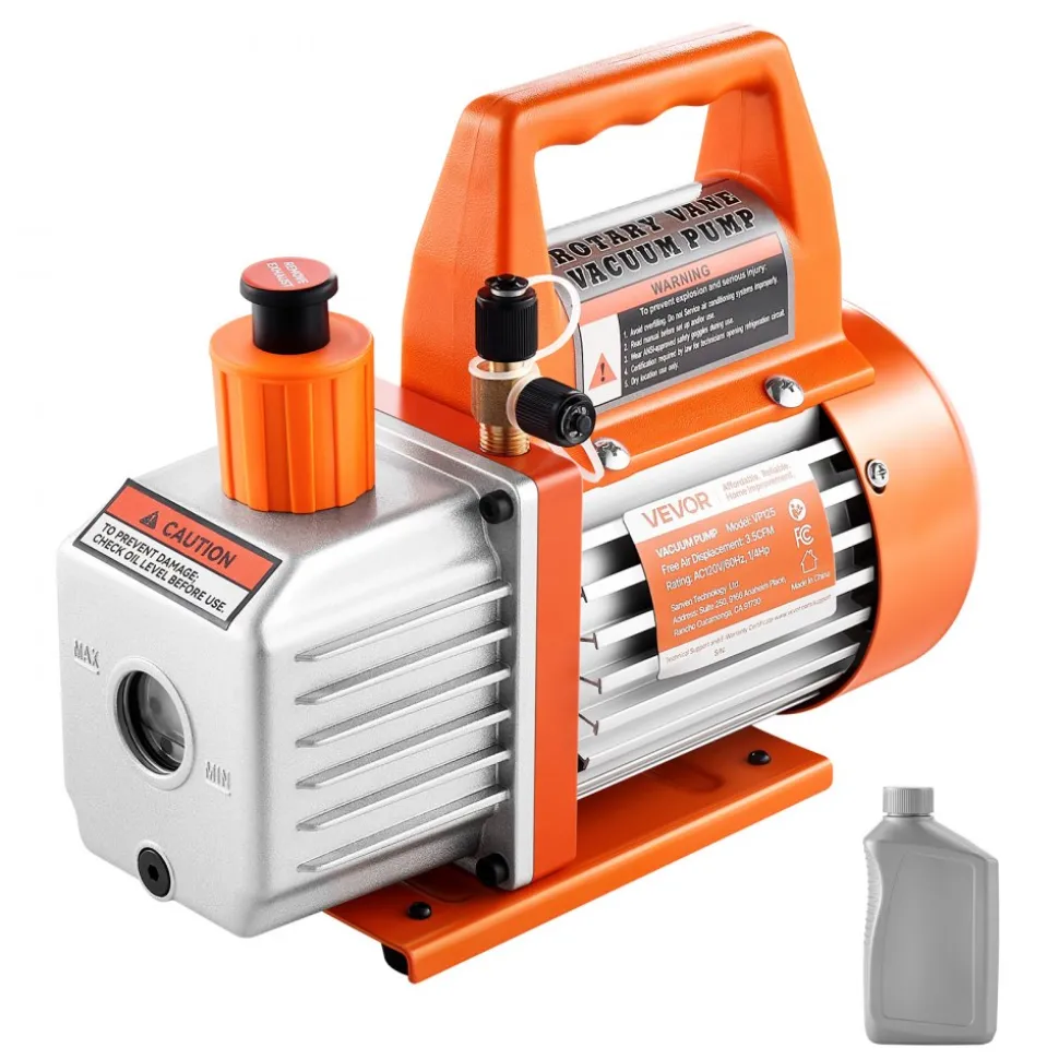 VEVOR Vacuum Pump, 3.5 CFM 1/4 HP, HVAC Single Stage Rotary Vane AC Vacuum Pump, for R134a R22 R410a Systems, with Oil Bottle, 1720 PRM, for Automotive Air Conditioner Maintenance Resin Degassing