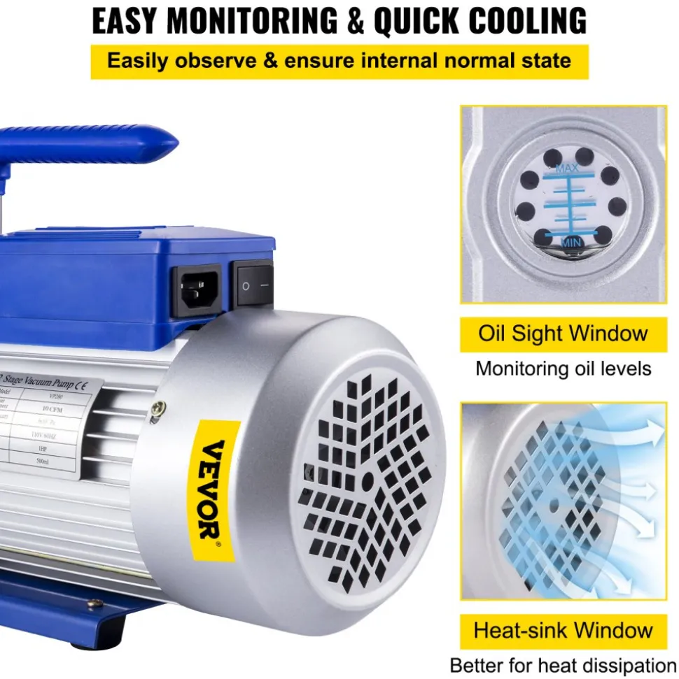 VEVOR Vacuum Pump 12CFM 1HP Vane Vacuum Pump Two Stage 3 x 10-1 Pa Ultimate HVAC Rotary Auto AC Refrigerant Vacuum Pump, for Automobile Reparation Vacuum Evacuation