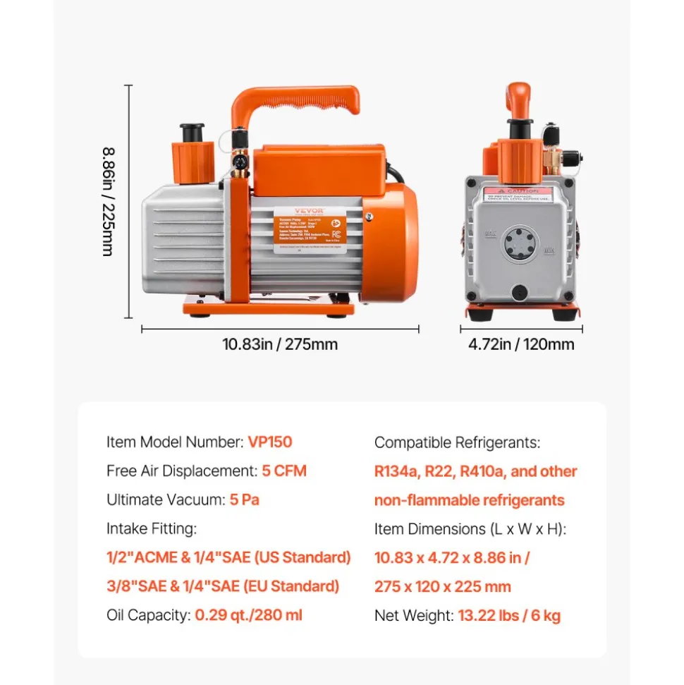 VEVOR Vacuum Pump, 5 CFM, HVAC Single Stage Rotary Vane Vacuum Pump, for R134a R22 R410a Systems, Auto AC Vacuum Pump Kit with Oil Bottle, for Automotive Air Conditioner Maintenance Resin Degassing