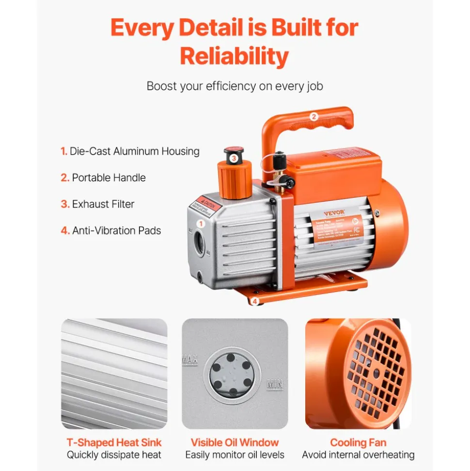 VEVOR Vacuum Pump, 3.5 CFM, HVAC Single Stage Rotary Vane Vacuum Pump, for R134a R22 R410a Systems, Auto AC Vacuum Pump Kit with Oil Bottle, for Automotive Air Conditioner Maintenance Resin Degassing