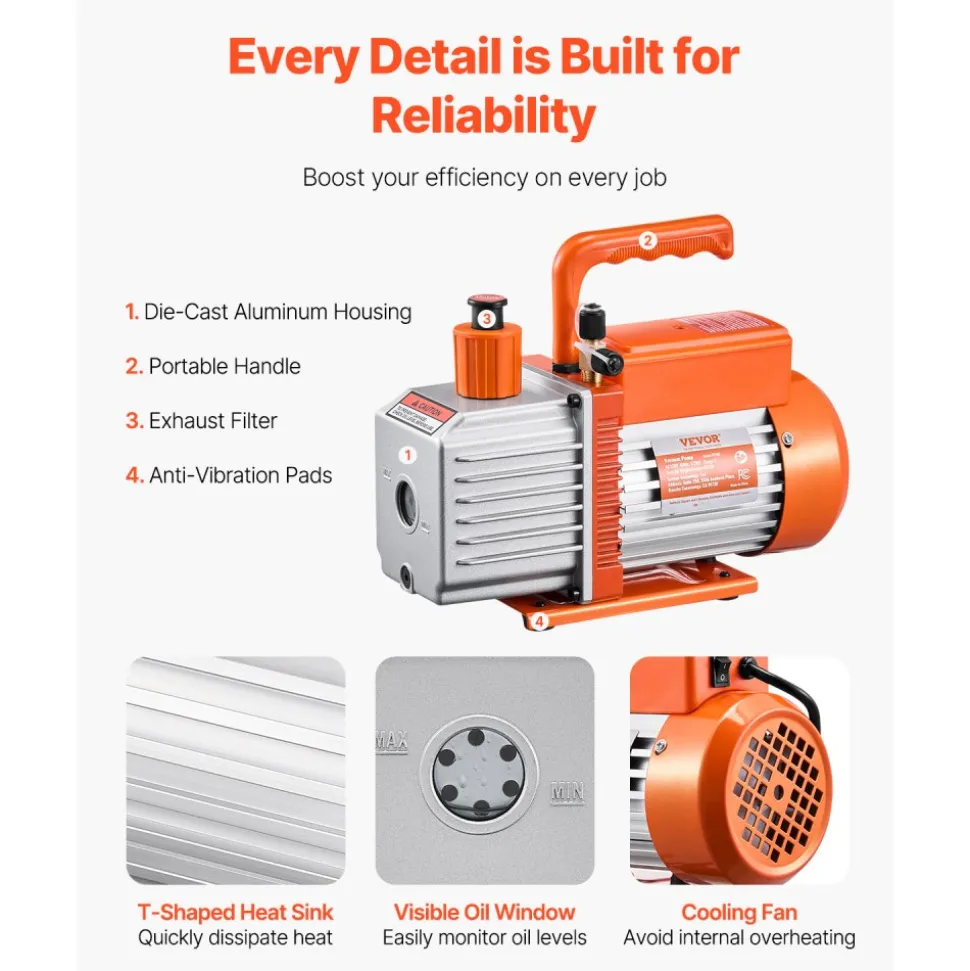 VEVOR Vacuum Pump, 6 CFM, HVAC 2 Stage Rotary Vane Vacuum Pump, for R134a R22 R410a Systems, Auto AC Vacuum Pump Kit with Oil Bottle, for Automotive Air Conditioner Maintenance Resin Degassing
