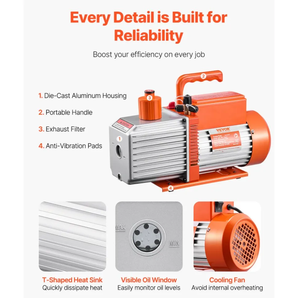 VEVOR Vacuum Pump, 9 CFM, HVAC 2 Stage Rotary Vane Vacuum Pump, for R134a R22 R410a Systems, Auto AC Vacuum Pump Kit with Oil Bottle, for Automotive Air Conditioner Maintenance Resin Degassing
