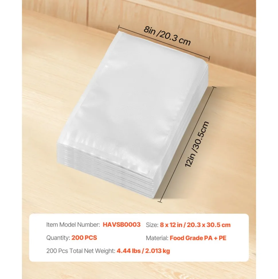 VEVOR Vacuum Sealer Bags, 200 PCS 8 x 12 Inch Durable Seal Bags, Non-BPA Food Grade Seal A Meal Freezer Bags, Vac Sealing Bag for Food Saver, Ideal Food Storage Vacuum Bags for Meal Prep or Sous Vide