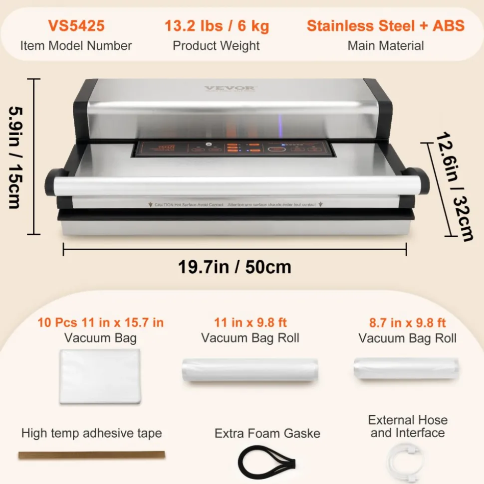 VEVOR Vacuum Sealer Machine, 95Kpa 350W Powerful Dual Pump and Dual Sealing, Dry and Moist Food Storage, Automatic and Manual Air Sealing System with Built-in Cutter, with Seal Bag and External Hose