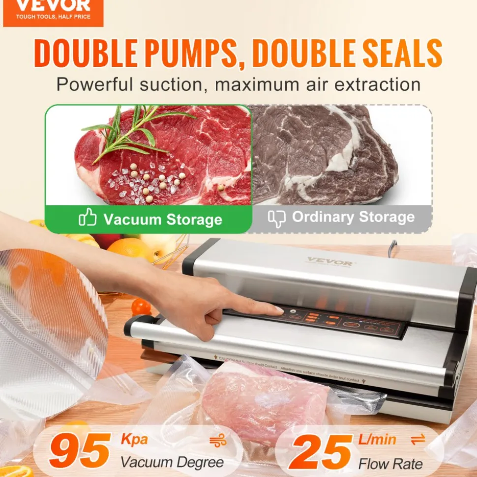 VEVOR Vacuum Sealer Machine, 95Kpa 350W Powerful Dual Pump and Dual Sealing, Dry and Moist Food Storage, Automatic and Manual Air Sealing System with Built-in Cutter, with Seal Bag and External Hose