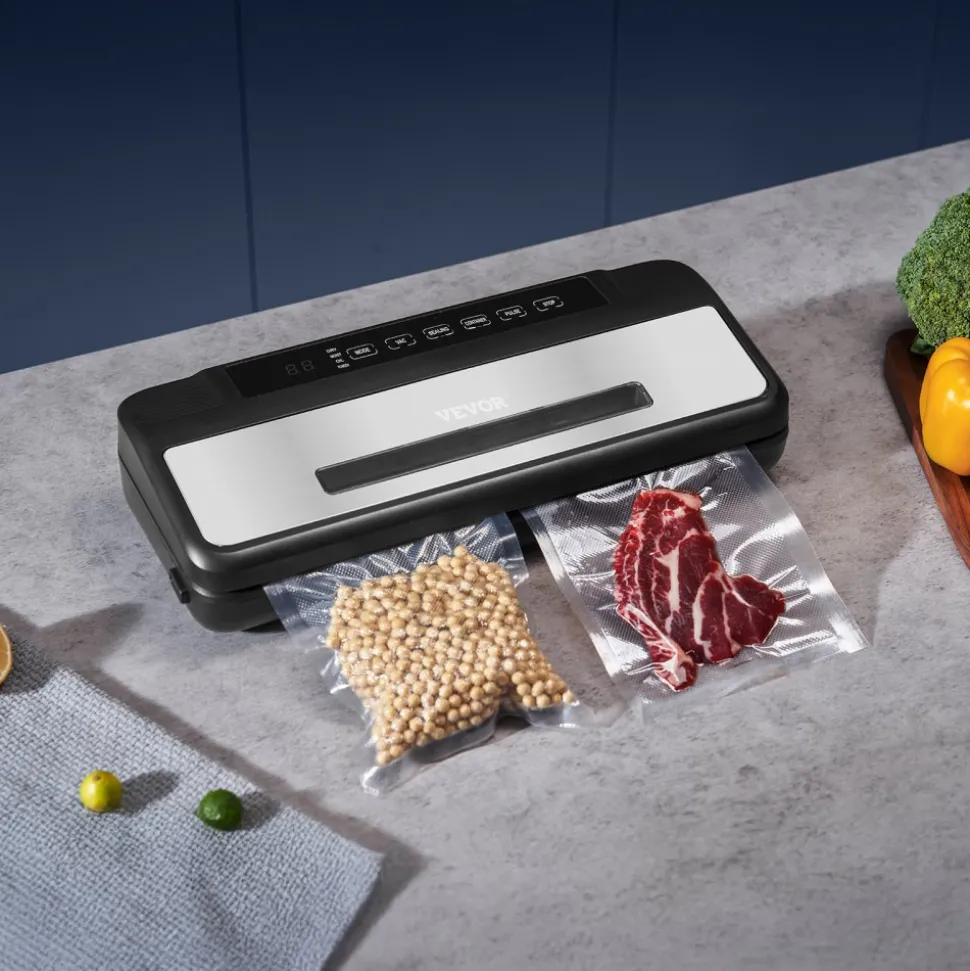VEVOR Vacuum Sealer Machine, 80Kpa 120W Powerful Compact Food Sealer, 7-in-1 Multi-Functional Food Vacuum Sealer, Automatic Air Sealing System with Built-in Cutter with 10 Vacuum Bags & 1 Bag Roll