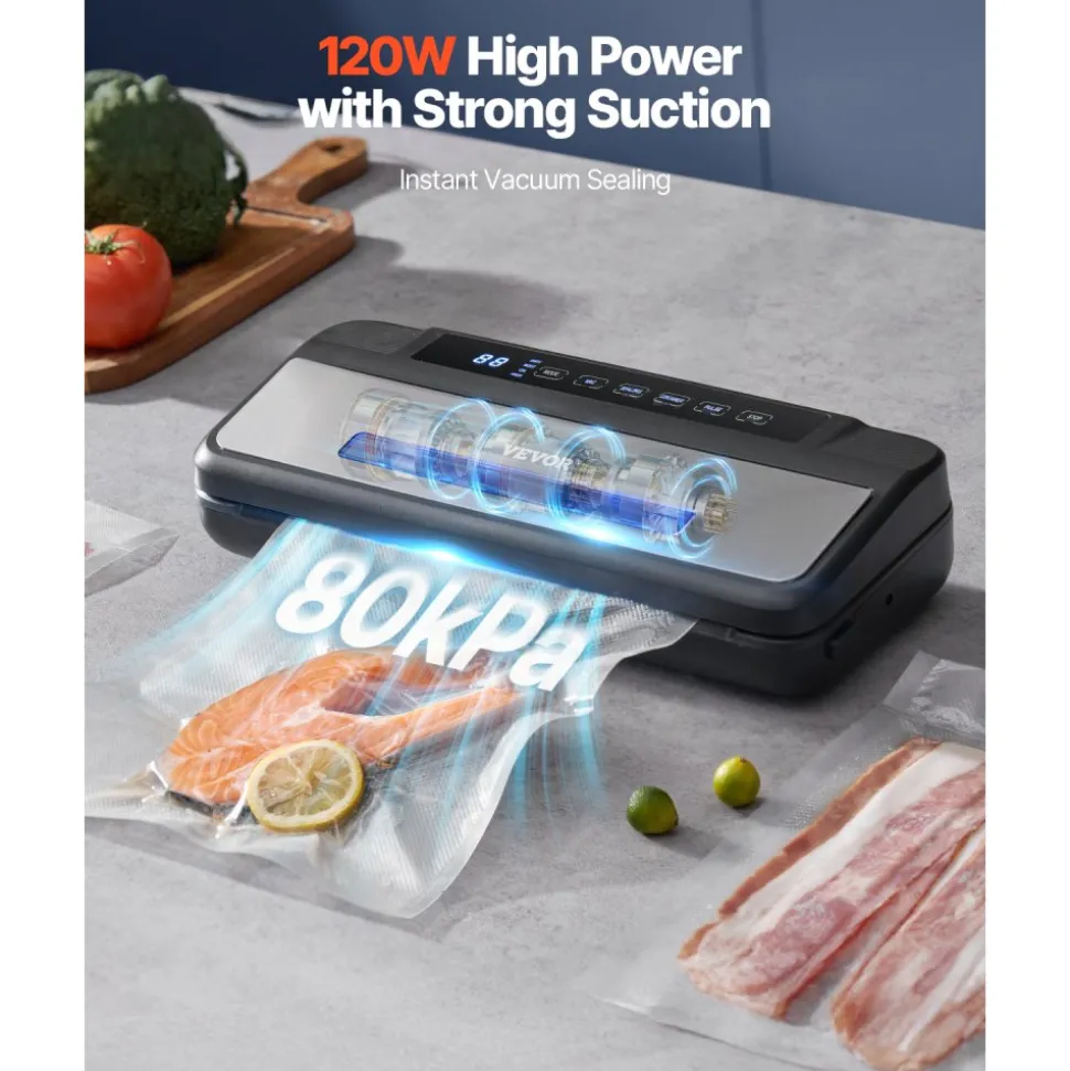 VEVOR Vacuum Sealer Machine, 80Kpa 120W Powerful Compact Food Sealer, 7-in-1 Multi-Functional Food Vacuum Sealer, Automatic Air Sealing System with Built-in Cutter with 10 Vacuum Bags & 1 Bag Roll