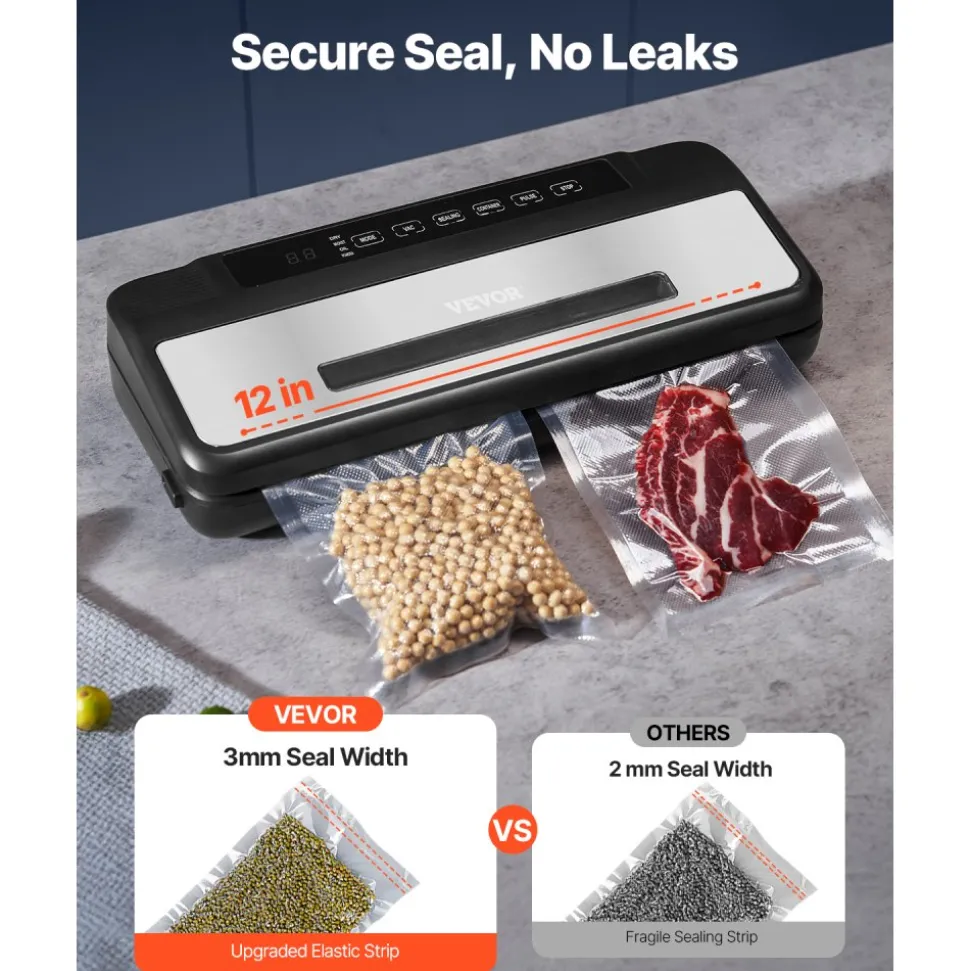 VEVOR Vacuum Sealer Machine, 80Kpa 120W Powerful Compact Food Sealer, 7-in-1 Multi-Functional Food Vacuum Sealer, Automatic Air Sealing System with Built-in Cutter with 10 Vacuum Bags & 1 Bag Roll