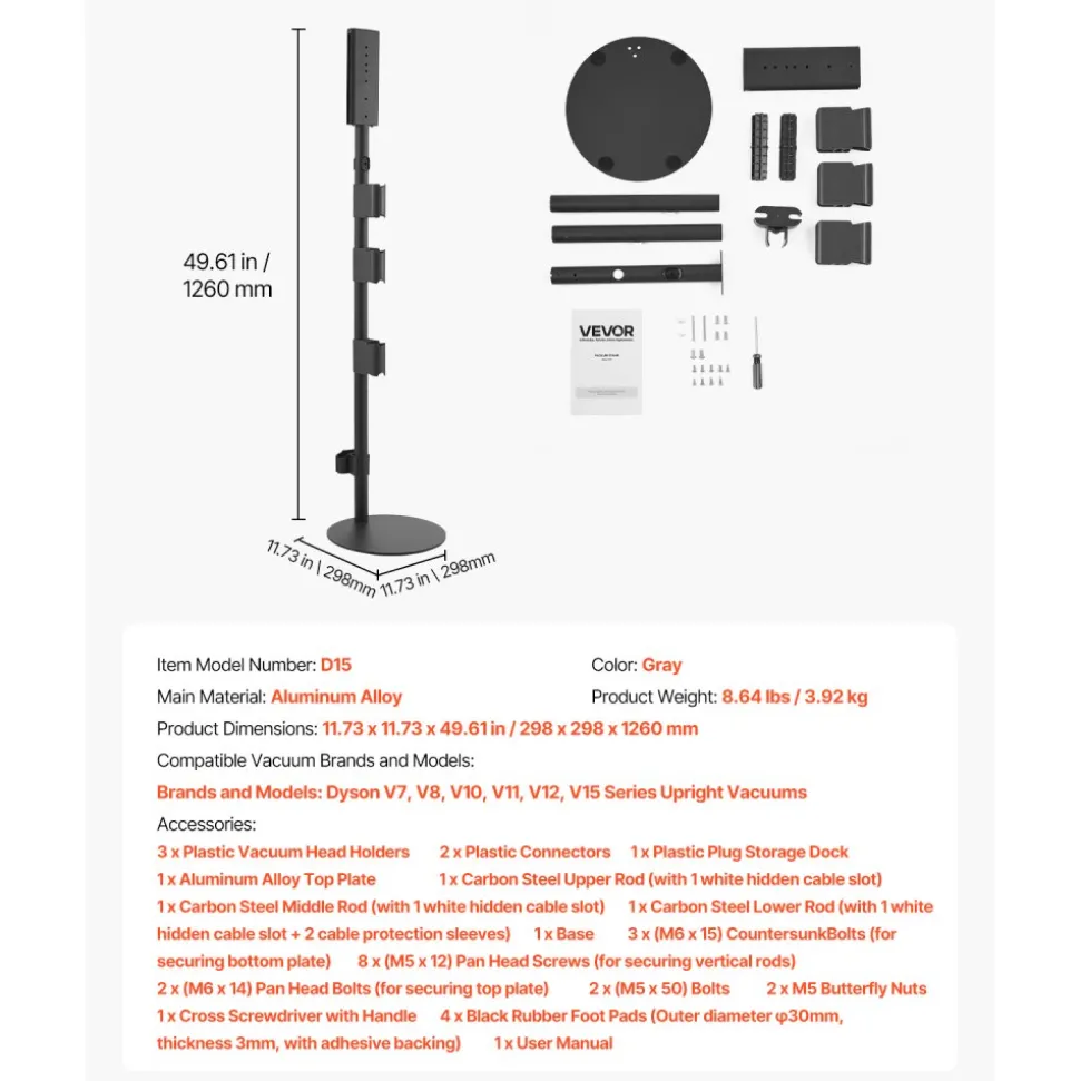 VEVOR Vacuum Stand, Compatible With V7 V8 V10 V11 V12 V15 Series Upright Vacuum Cleaners & Accessories, Stable Vacuum Stand Holder with 4 Anti-slip Pads and 3 Clips for Storing 6 Brush Heads