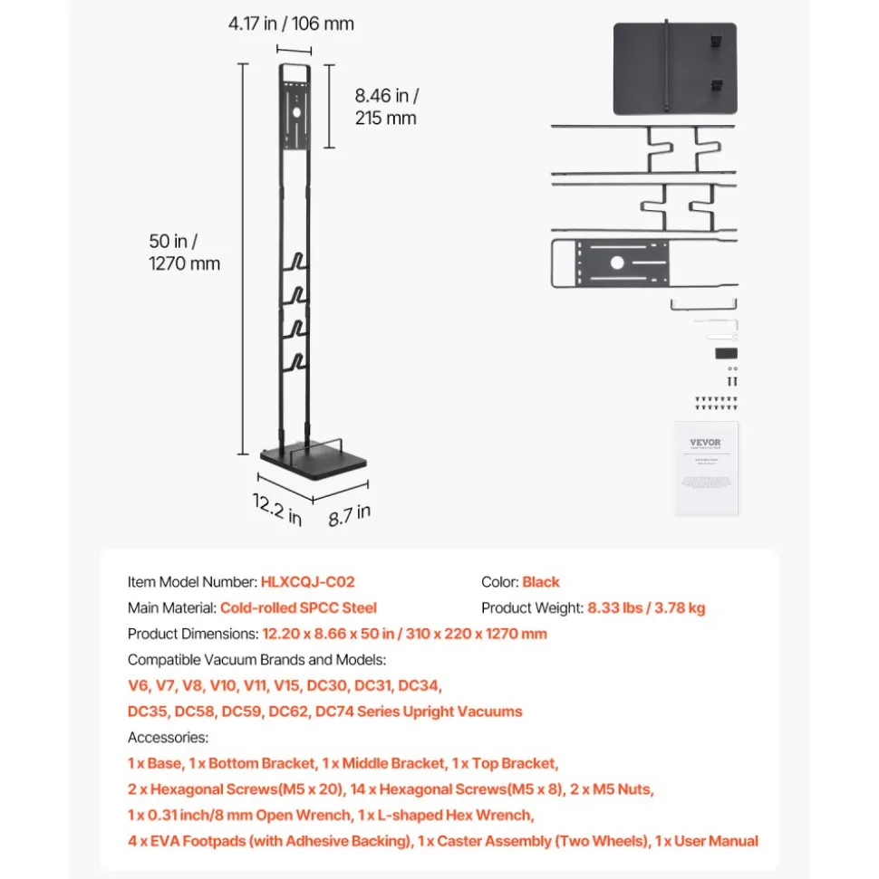 VEVOR Vacuum Stand, Compatible With Dyson V6 V7 V8 V10 V11 V15, Stable Vacuum Stand Holder with Wheels for Dyson DC30 DC31 DC34 DC35 DC58 DC59 DC62 D74 Cordless Upright Vacuum Cleaners & Accessories