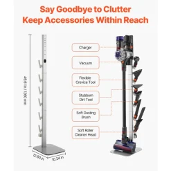 VEVOR Vacuum Stand, Compatible with Dyson G5 V15 V12 V11 V10 V8 V7 V6 Series Upright Vacuums Cleaners & Accessories, Stable Vacuum Stand Holder with 6 Hooks and Non-slip Footpads, Black