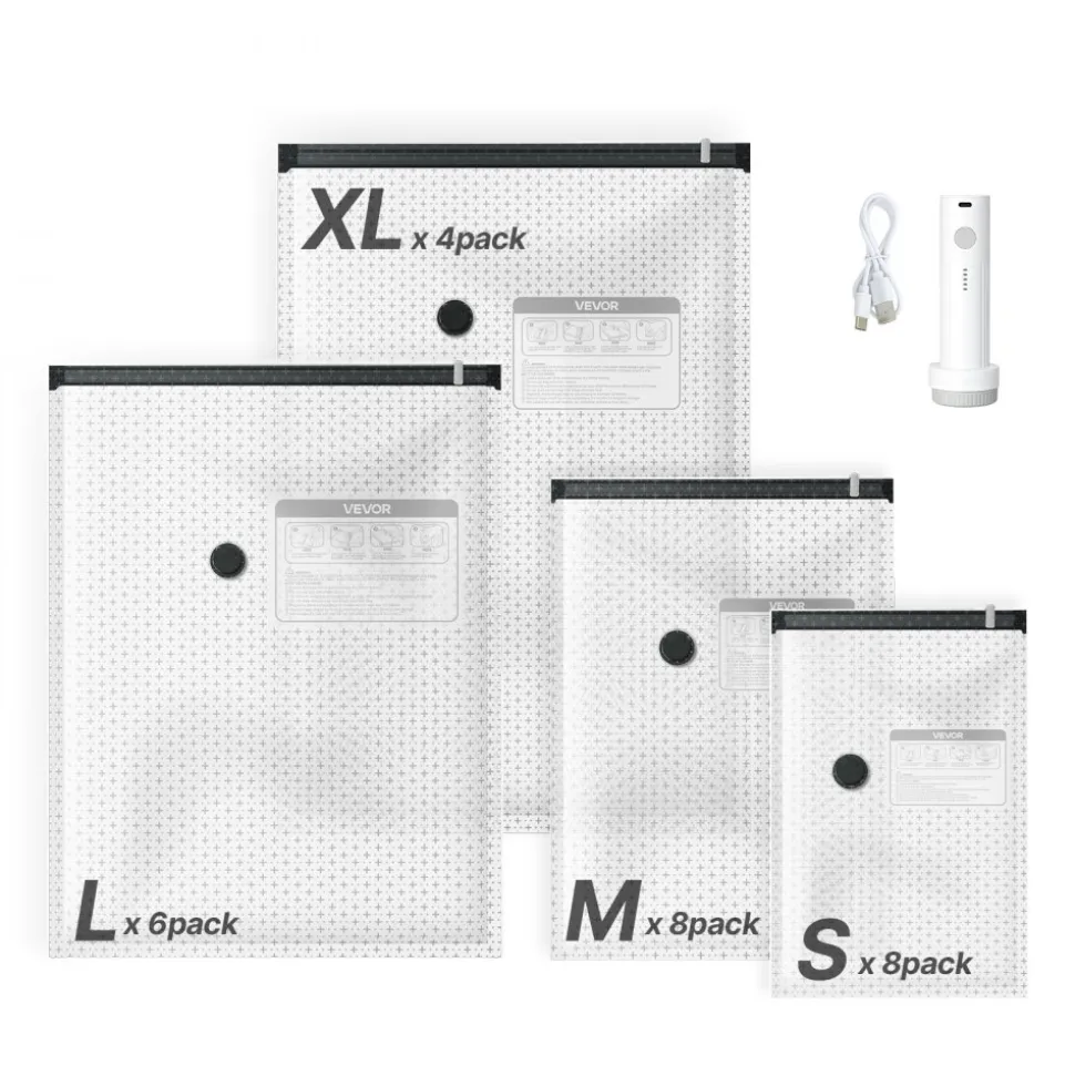 VEVOR Vacuum Storage Bags, 26 Pack Space Saver Vacuum Seal Bags for Clothing, with Pump and Charging Cable, Double Zipper Seal, Thickened PA and PE, Compression for Clothes Storage, Travel Luggage