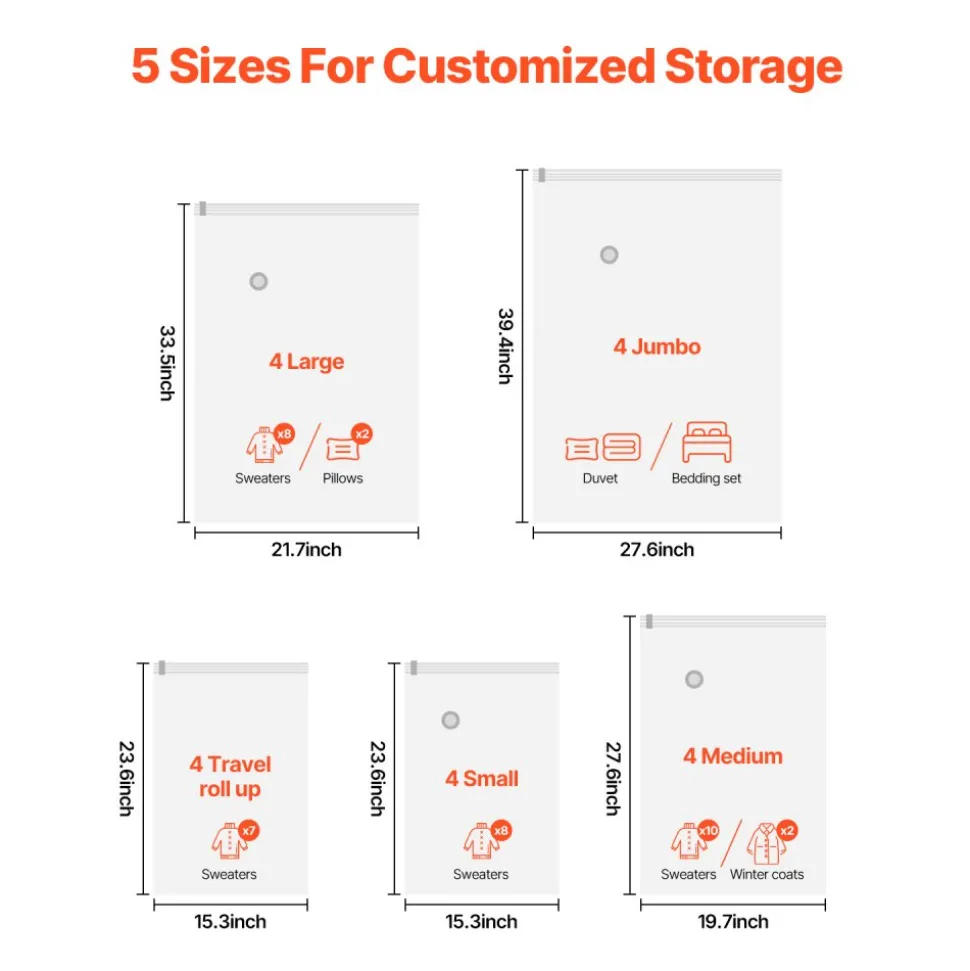 VEVOR Vacuum Storage Bags, 20 Pack Space Saver Seal Bag(4 Jumbo/4 Large/4 Medium/4 Small/4 Roll), Compression Airtight Zipper Space Bags with Hand Pump, for Cloth, Bedding, Blanket, Pillow, Travel