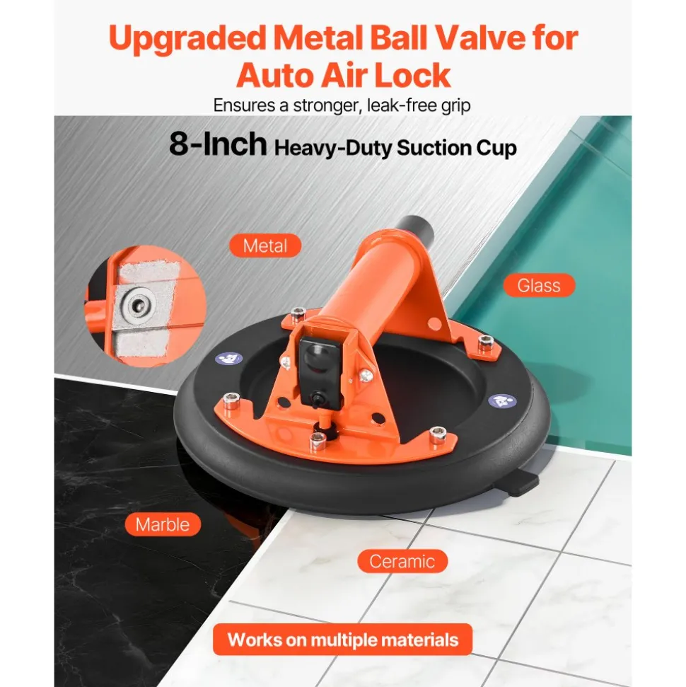 VEVOR Vacuum Suction Cup, 8-Inch Vacuum Glass Lifter with Metal Handle, 429 lbs Max Lifting Capacity Tile Suction Cup Tool with Carrying Case for Lifting Large Tile, Granite, Drywall, Windows (2-Pack)