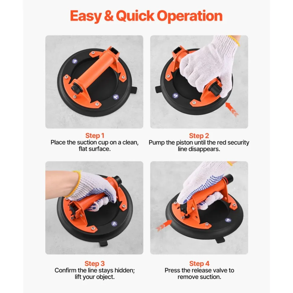 VEVOR Vacuum Suction Cup, 8-Inch Vacuum Glass Lifter with Metal Handle, 429 lbs Max Lifting Capacity Tile Suction Cup Tool with Carrying Case for Lifting Large Tile, Granite, Drywall, Windows (2-Pack)