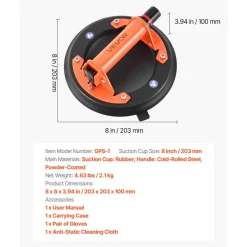 VEVOR Vacuum Suction Cup, 8-Inch Vacuum Glass Lifter with Metal Handle, 429 lbs Max Lifting Capacity Tile Suction Cup Tool with Carrying Case for Lifting Large Tile, Granite, Drywall, Windows (2-Pack)