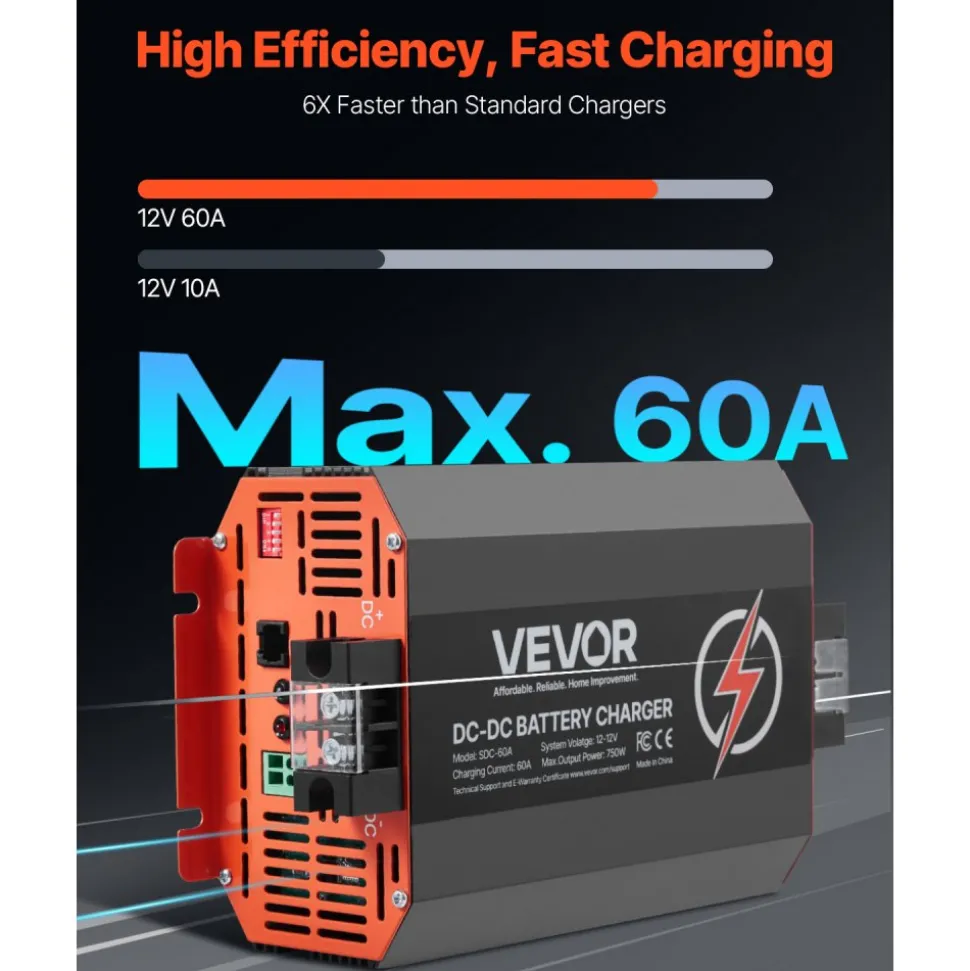 VEVOR 12V 60A DC to DC Battery Charger, 750W, On-Board Battery Charger for Lead-Acid, Lithium, AGM, GEL, and Flooded Batteries, Smart Multi-Stage Charging, for RVs, Commercial Vehicles, Boats, Yachts