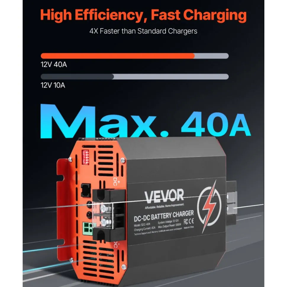 VEVOR 12V 40A DC to DC Battery Charger, 500W, On-Board Battery Charger for Lead-Acid, Lithium, AGM, GEL, and Flooded Batteries, Smart Multi-Stage Charging, for RVs, Commercial Vehicles, Boats, Yachts