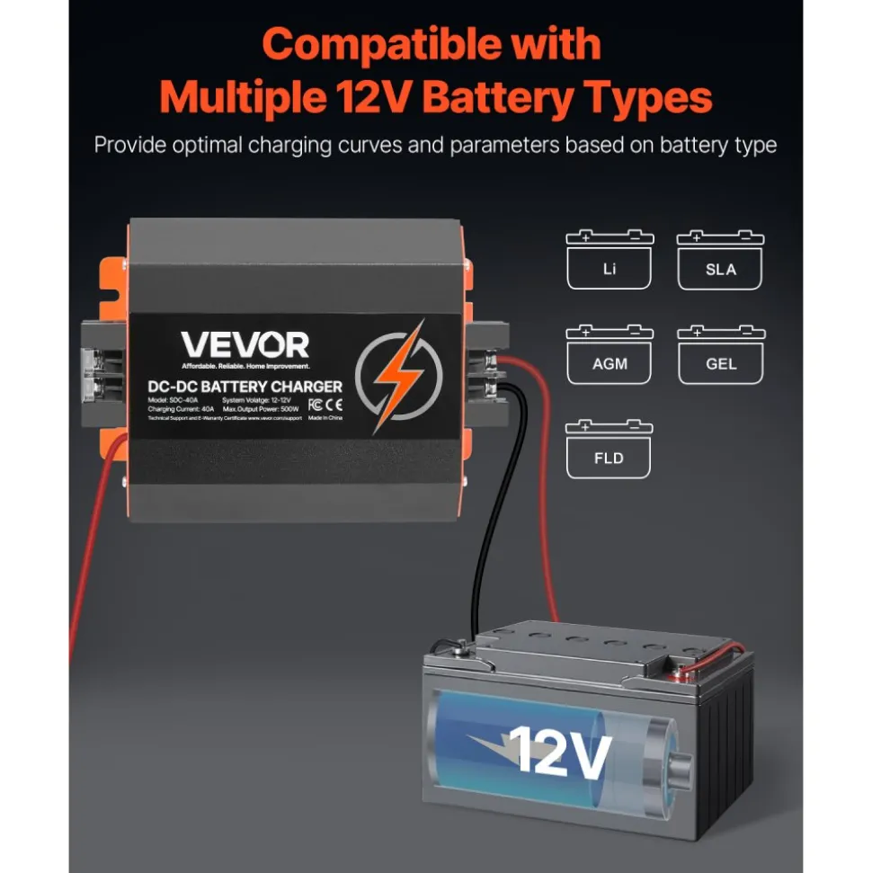 VEVOR 12V 40A DC to DC Battery Charger, 500W, On-Board Battery Charger for Lead-Acid, Lithium, AGM, GEL, and Flooded Batteries, Smart Multi-Stage Charging, for RVs, Commercial Vehicles, Boats, Yachts