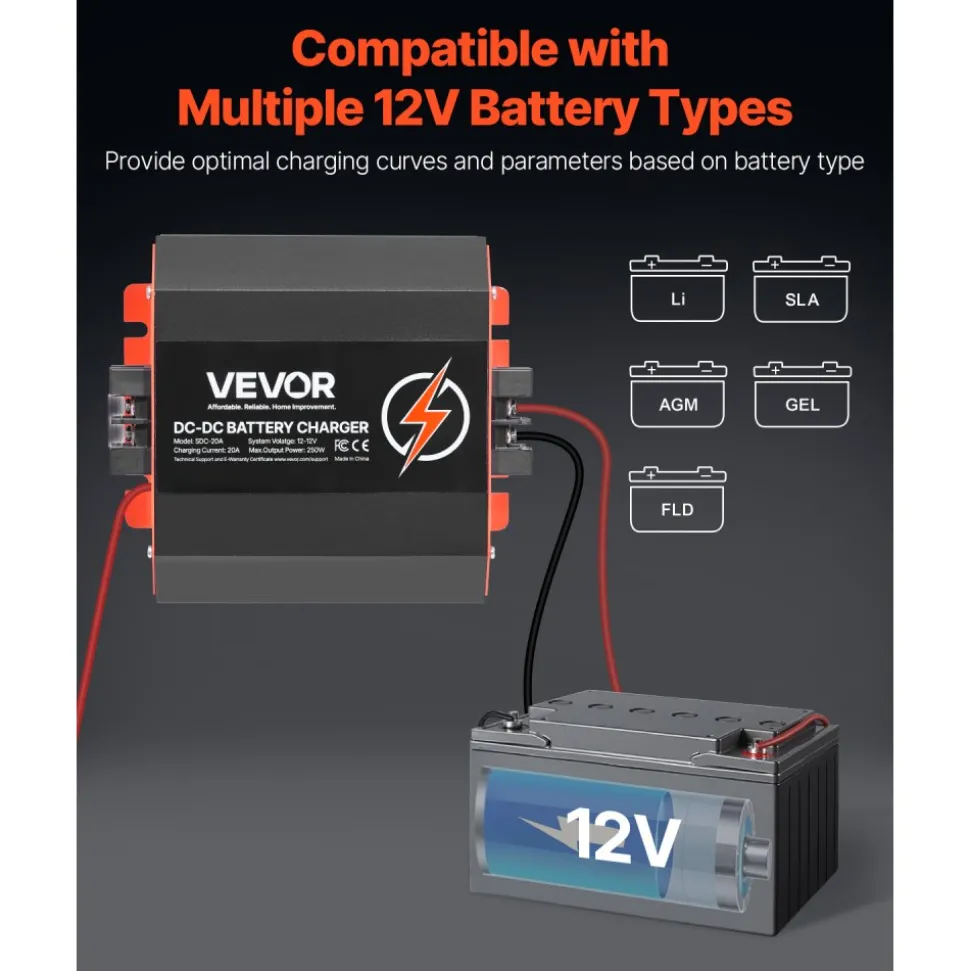 VEVOR 12V 30A DC to DC Battery Charger, 375W, On-Board Battery Charger for Lead-Acid, Lithium, AGM, GEL, and Flooded Batteries, Smart Multi-Stage Charging, for RVs, Commercial Vehicles, Boats, Yachts