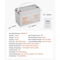 VEVOR 12V 75Ah Deep Cycle Battery, Sealed AGM Technology, Rechargeable Lead Acid AGM Battery, Backup Replacement for Scooters, Electric Mobility Wheelchair, Solar System Off-Grid Home Energy Storage