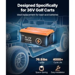 VEVOR 48V 105Ah Golf Cart Lithium Battery, 48 Volt Golf Cart Battery with 200A BMS, LCD Monitor and Mobile APP, LiFePO4 Battery with 600A Peak Current, ABS Shell and 4000+ Cycles, for Golf Carts