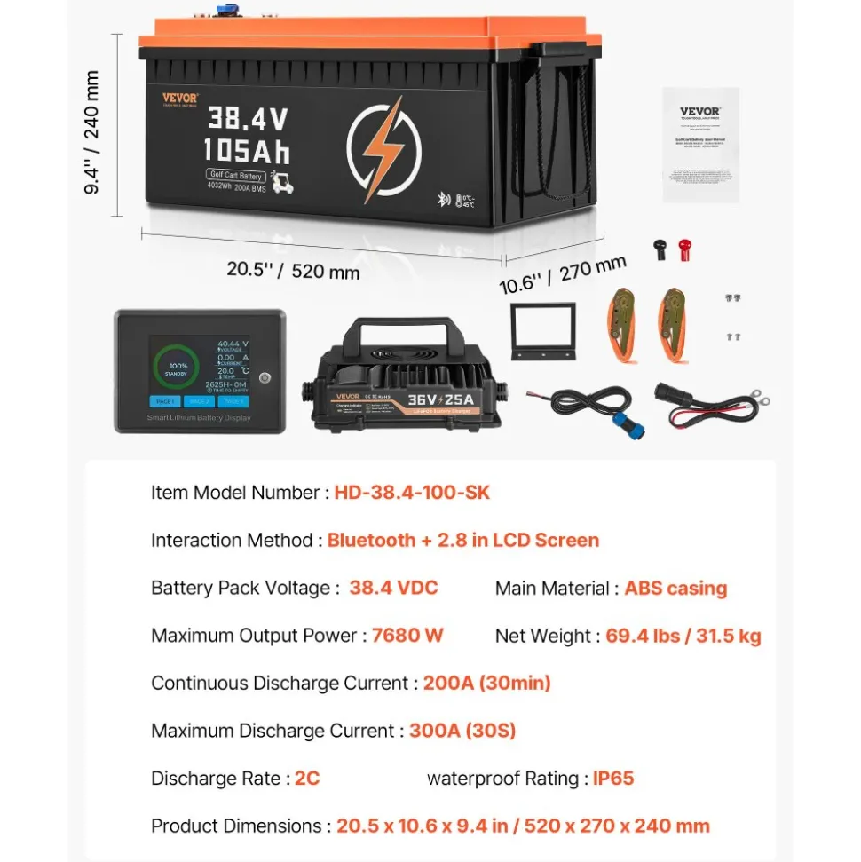 VEVOR 36V 105Ah Golf Cart Lithium Battery, 36 Volt Golf Cart Battery with 200A BMS, LCD Monitor and Mobile APP, LiFePO4 Battery with 600A Peak Current, 20A Charger and 4000+ Cycles, for Golf Carts