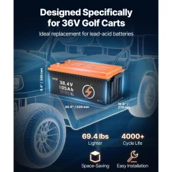 VEVOR 36V 105Ah Golf Cart Lithium Battery, 36 Volt Golf Cart Battery with 200A BMS, LCD Monitor and Mobile APP, LiFePO4 Battery with 600A Peak Current, 20A Charger and 4000+ Cycles, for Golf Carts