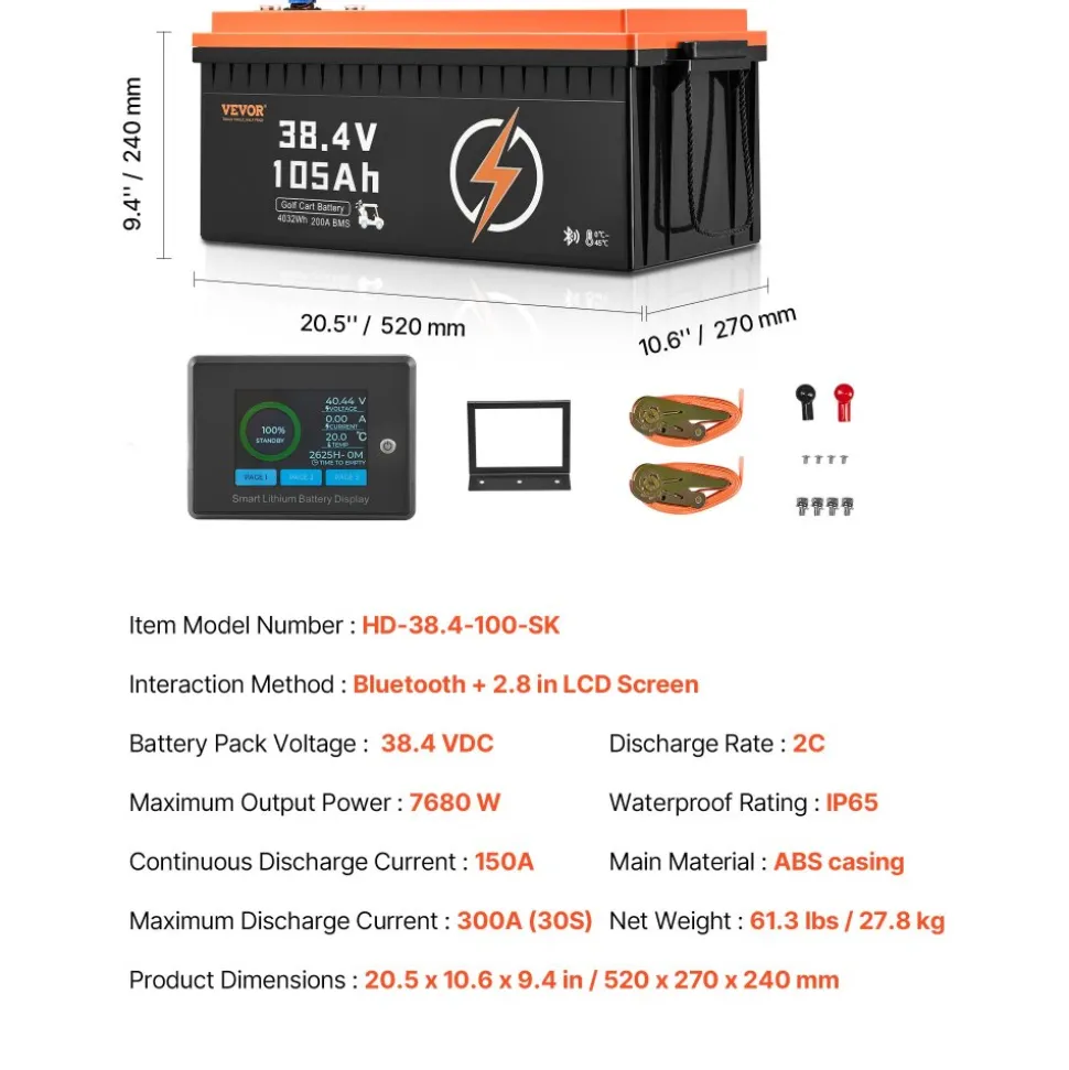 VEVOR 36V 105Ah Golf Cart Lithium Battery, 36 Volt Golf Cart Battery with 200A BMS, LCD Monitor and Mobile APP, LiFePO4 Battery with 600A Peak Current, ABS Shell and 4000+ Cycles, for Golf Carts