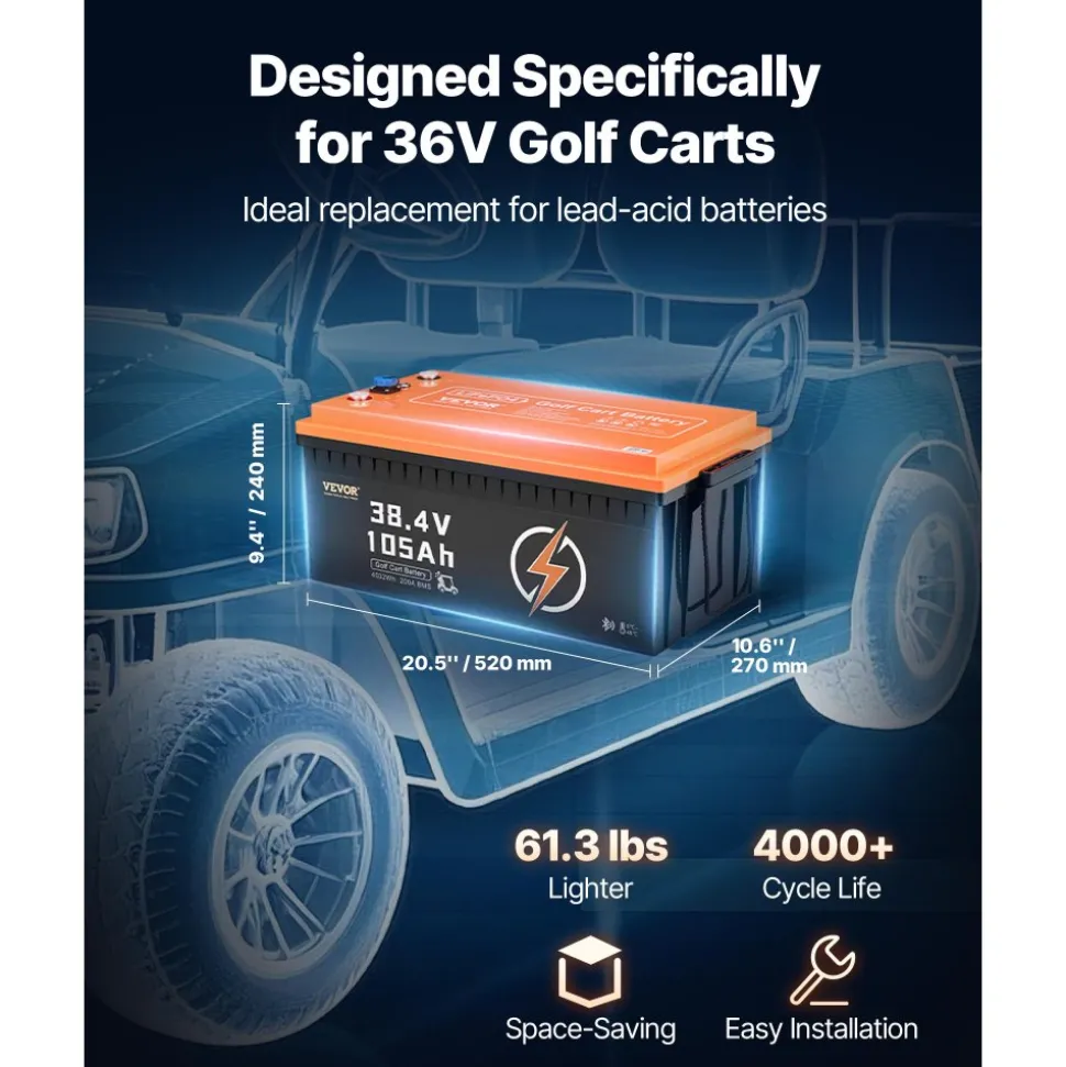 VEVOR 36V 105Ah Golf Cart Lithium Battery, 36 Volt Golf Cart Battery with 200A BMS, LCD Monitor and Mobile APP, LiFePO4 Battery with 600A Peak Current, ABS Shell and 4000+ Cycles, for Golf Carts