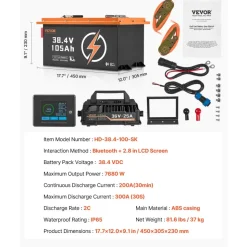 VEVOR 36V 105Ah Golf Cart Lithium Battery, 36 Volt Golf Cart Battery with 200A BMS, Touch Monitor and Mobile APP, LiFePO4 Battery with 600A Peak Current, 20A Charger and 4000+ Cycles, for Golf Carts