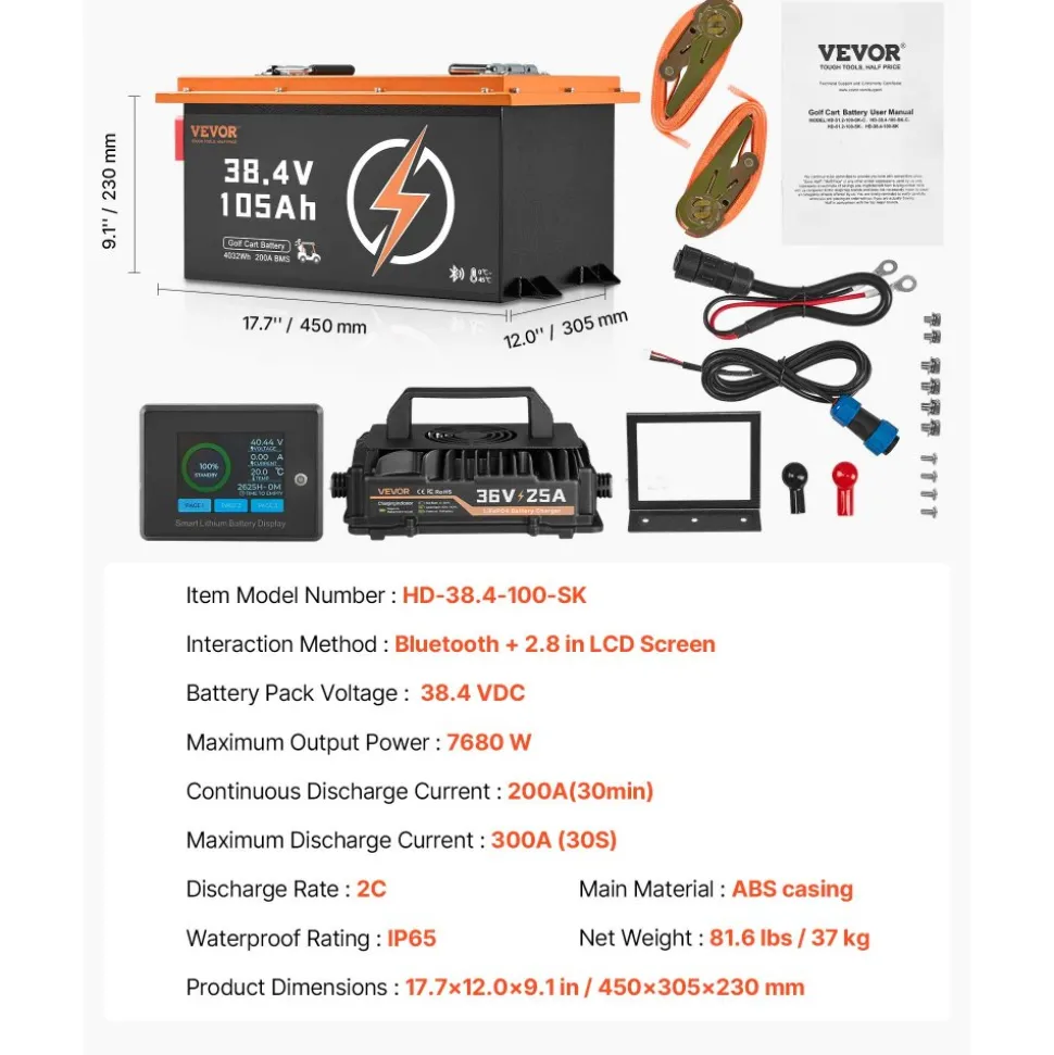 VEVOR 36V 105Ah Golf Cart Lithium Battery, 36 Volt Golf Cart Battery with 200A BMS, Touch Monitor and Mobile APP, LiFePO4 Battery with 600A Peak Current, 20A Charger and 4000+ Cycles, for Golf Carts