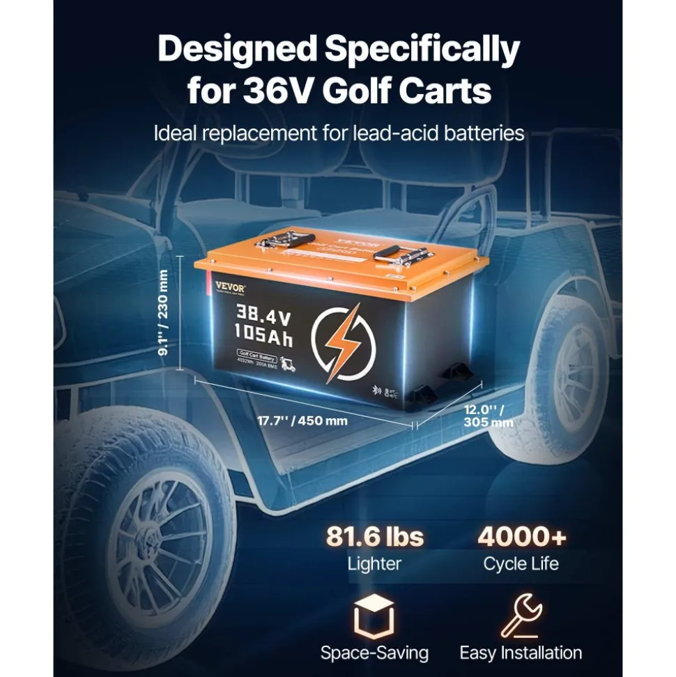 VEVOR 36V 105Ah Golf Cart Lithium Battery, 36 Volt Golf Cart Battery with 200A BMS, Touch Monitor and Mobile APP, LiFePO4 Battery with 600A Peak Current, 20A Charger and 4000+ Cycles, for Golf Carts