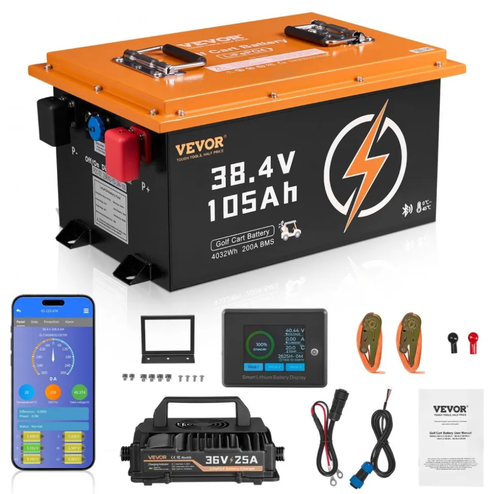 VEVOR 36V 105Ah Golf Cart Lithium Battery, 36 Volt Golf Cart Battery with 200A BMS, Touch Monitor and Mobile APP, LiFePO4 Battery with 600A Peak Current, 20A Charger and 4000+ Cycles, for Golf Carts