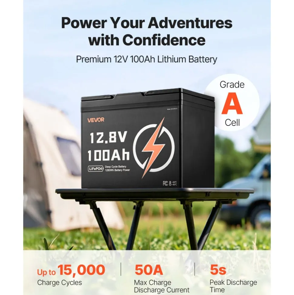 VEVOR 12V 100Ah LiFePO4 Battery, Up to 15000 Cycles, Deep Cycle Lithium Iron Phosphate Battery with Built-in BMS, Low Temperature Protection, 10 Years Lifetime, for Solar Off-Grid Home Energy Storage