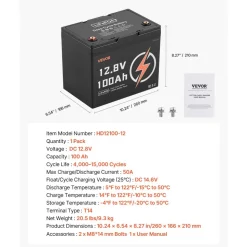 VEVOR 12V 100Ah LiFePO4 Battery, Up to 15000 Cycles, Deep Cycle Lithium Iron Phosphate Battery with Built-in BMS, Low Temperature Protection, 10 Years Lifetime, for Solar Off-Grid Home Energy Storage