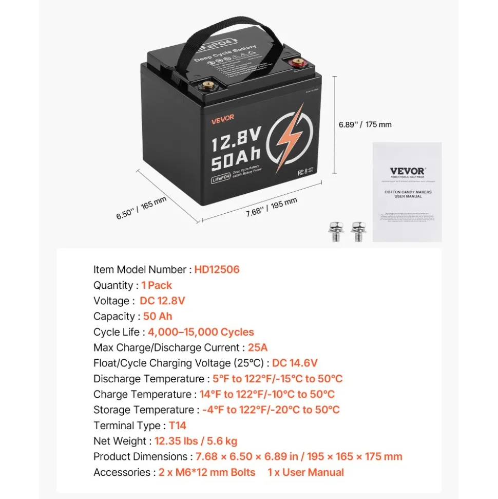 VEVOR 12V 50Ah LiFePO4 Battery, Up to 15000 Cycles, Deep Cycle Lithium Iron Phosphate Battery with Built-in BMS, Low Temperature Protection, 10 Years Lifetime, for Solar Off-Grid Home Energy Storage