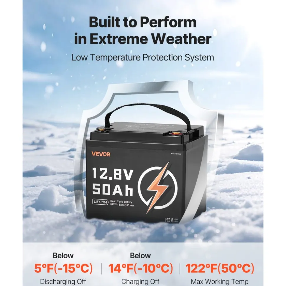 VEVOR 12V 50Ah LiFePO4 Battery, Up to 15000 Cycles, Deep Cycle Lithium Iron Phosphate Battery with Built-in BMS, Low Temperature Protection, 10 Years Lifetime, for Solar Off-Grid Home Energy Storage